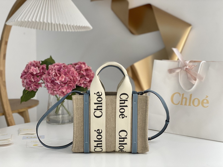 Chloé Woody Large Tote Bag in Natural Linen Canvas with Blue Leather Trim