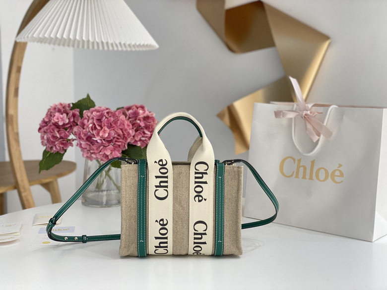 Chloé Woody Tote Bag in Beige Linen Canvas with Green Leather and Logo Ribbon
