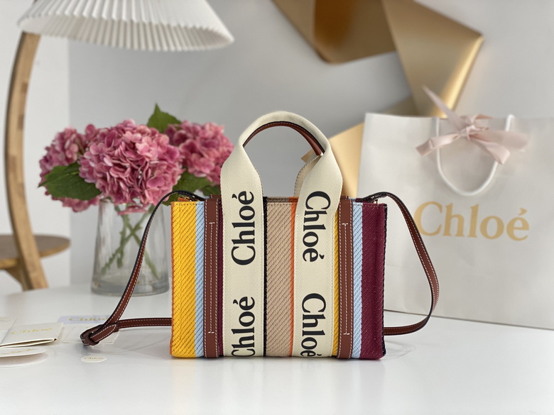 Chloé Woody Tote Bag with Crossbody Strap in Multicolor Striped Canvas