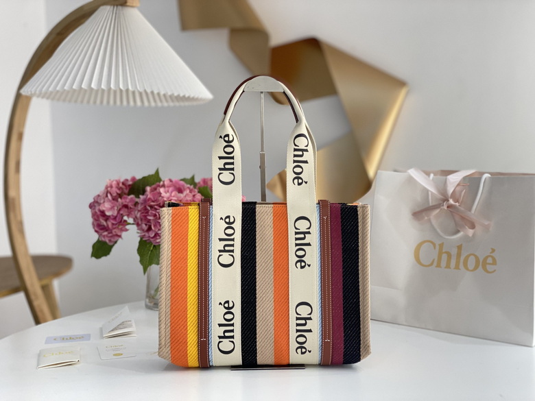 Chloé Woody Large Tote Bag in Multicolor Striped Canvas with Logo Straps