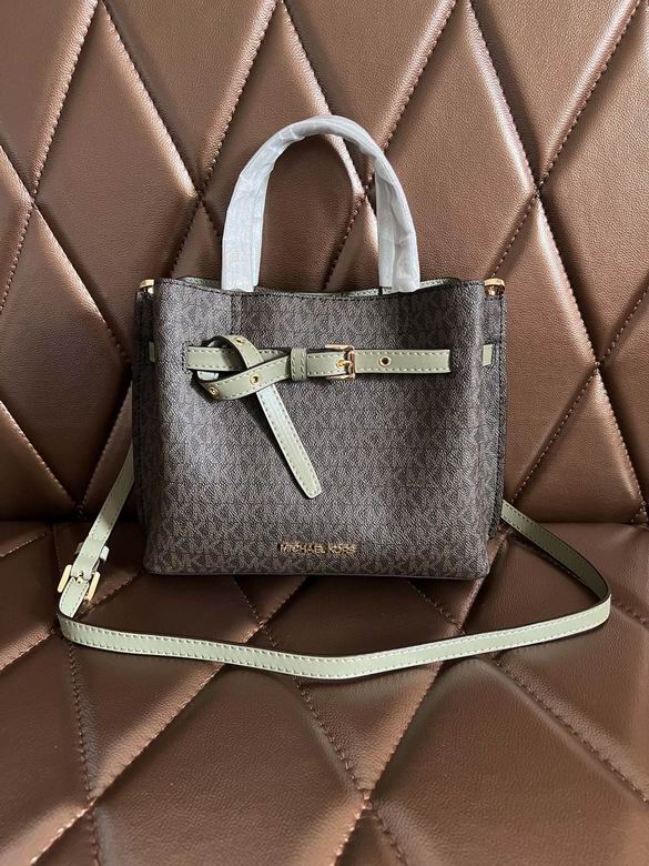Michael Kors Emilia Small Satchel in Brown Logo Canvas with Sage Green Trim