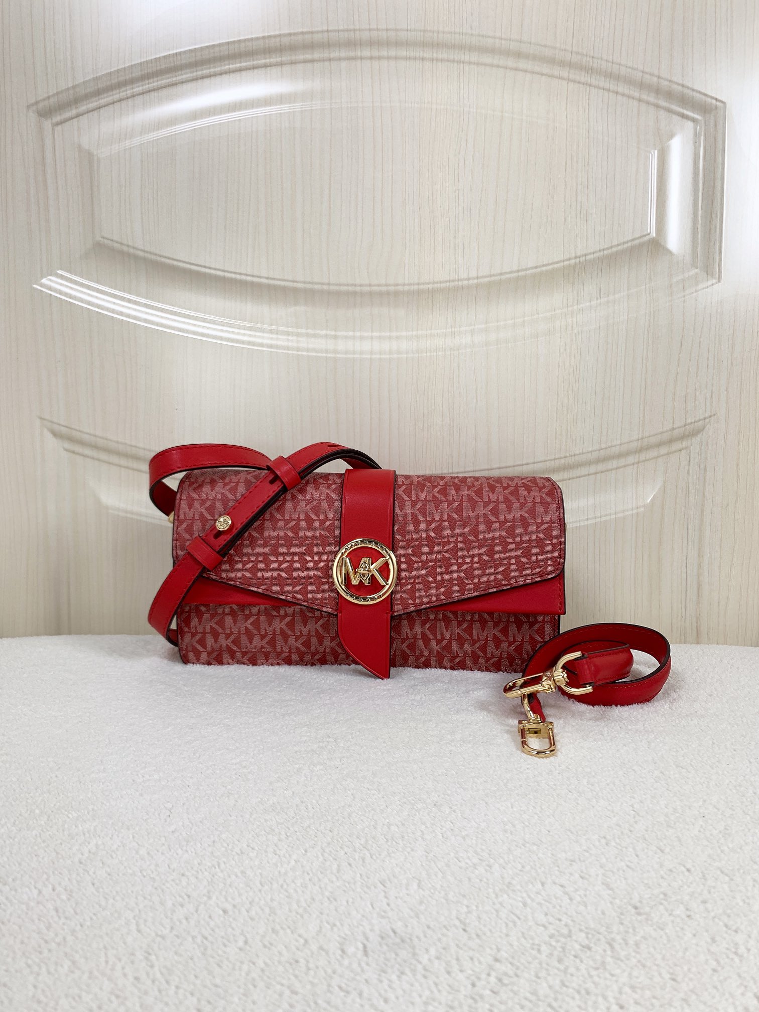 Michael Kors Greenwich Flap Crossbody Bag in Red MK Signature Logo
