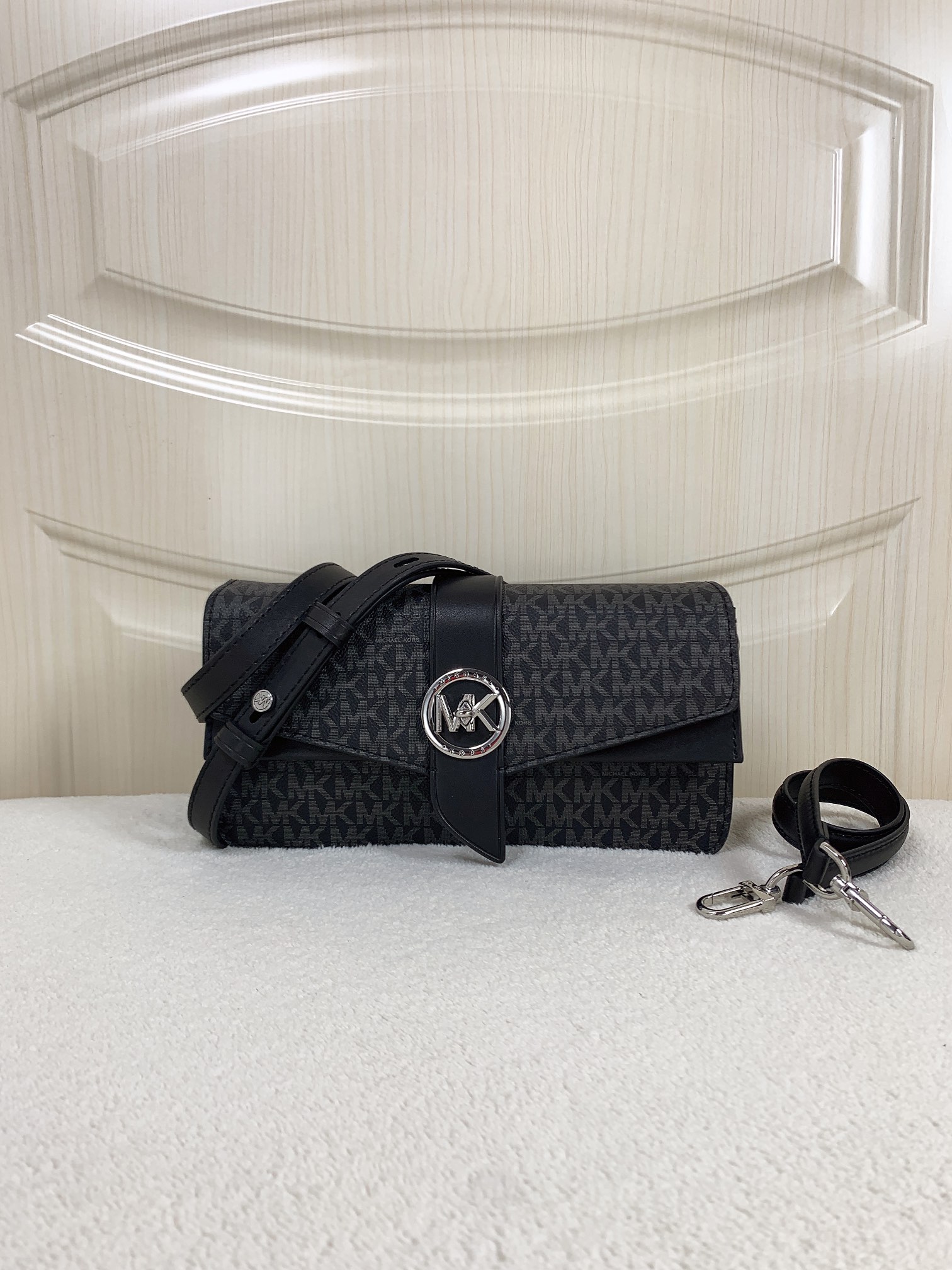 Michael Kors Greenwich Small Shoulder Bag in Black MK Signature Logo Canvas
