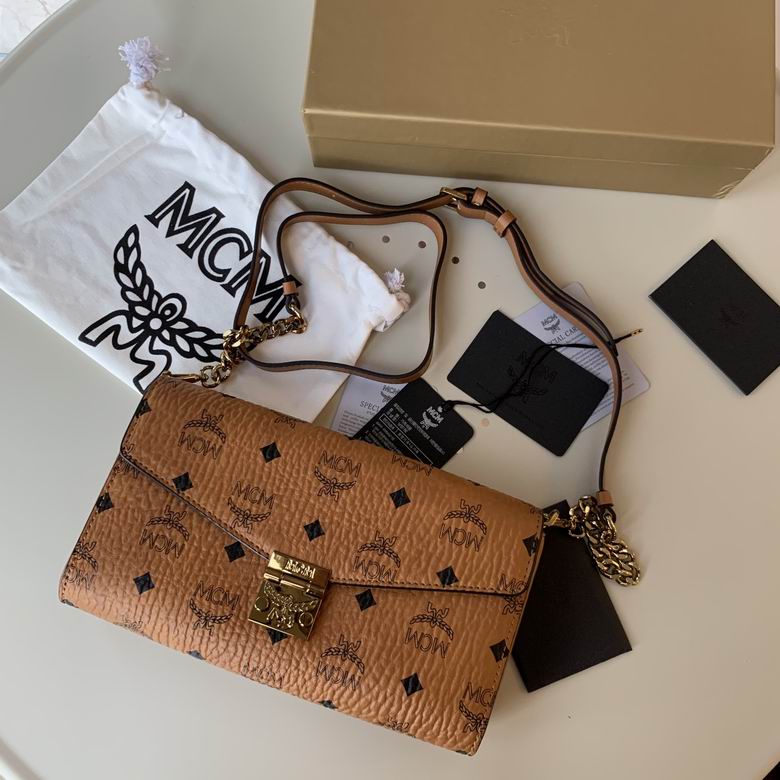 MCM Millie Flap Crossbody Bag in Cognac Visetos with Gold Lock