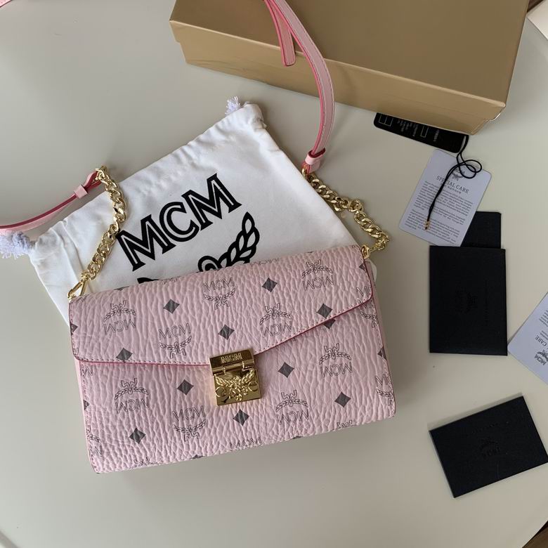 MCM Patricia Visetos Crossbody Bag with Chain Strap in Light Pink