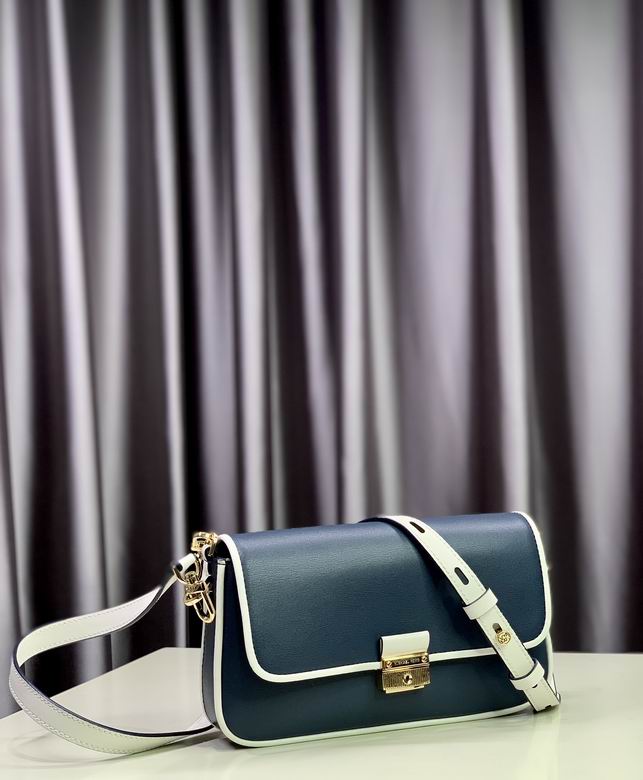 Michael Kors Bradshaw Shoulder Bag in Navy Leather with White Trim