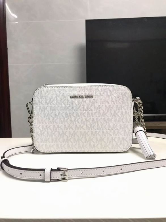 Michael Kors Jet Set Camera Bag in White MK Logo Coated Canvas with Tassel