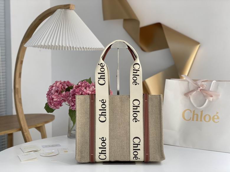 Chloé Woody Large Tote Bag in Natural Linen Canvas with Brown Leather Trim