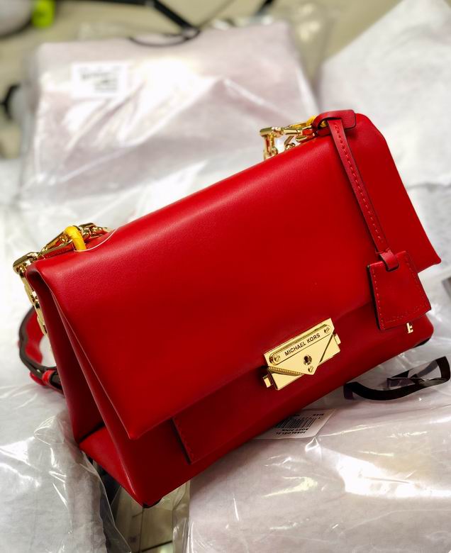 Michael Kors Cece Medium Flap Shoulder Bag in Red Leather with Gold Chain