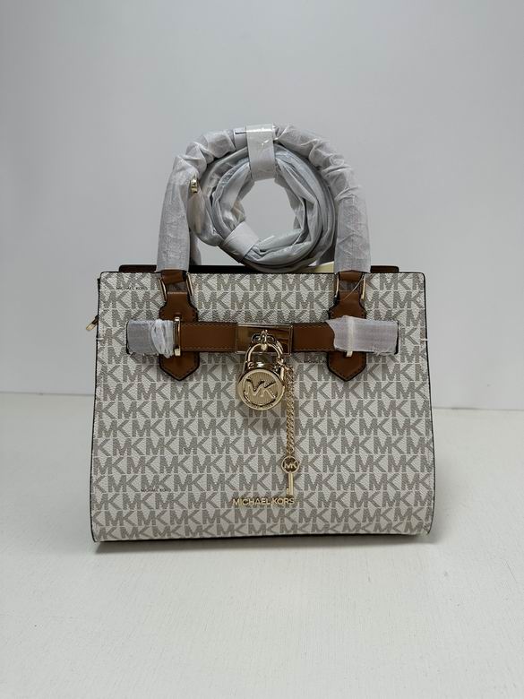 Michael Kors Hamilton Small Satchel in Vanilla MK Signature Logo with Brown Trim