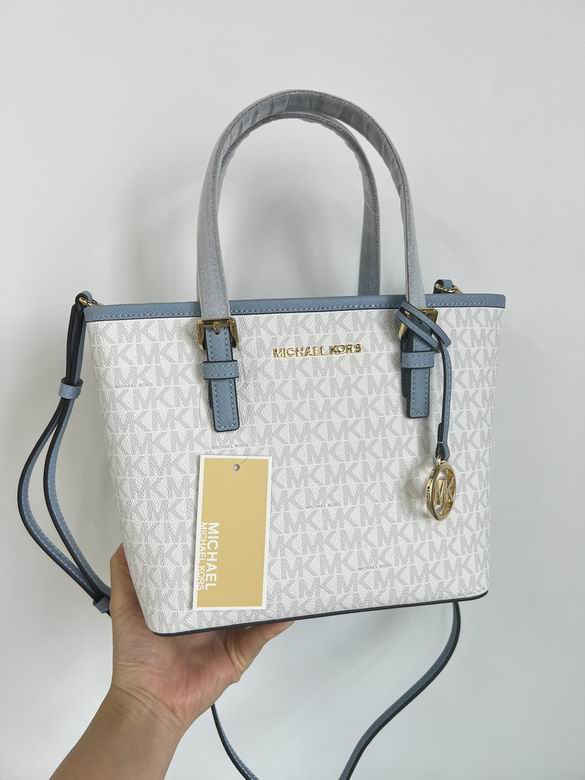 Michael Kors Jet Set Travel XS Tote Crossbody in White MK Logo with Blue Trim