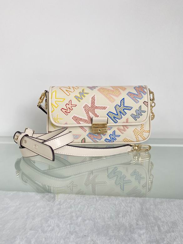 Michael Kors Flap Shoulder Bag in Cream Leather with Multicolor MK Logo Print