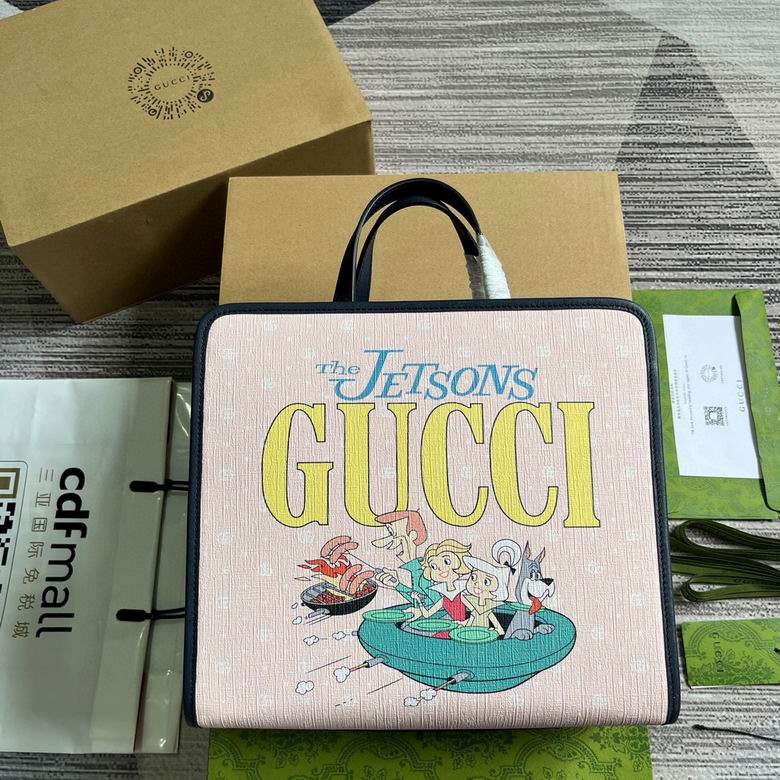 Gucci The Jetsons Printed Tote Bag in Pink GG Supreme Canvas with Navy Trim