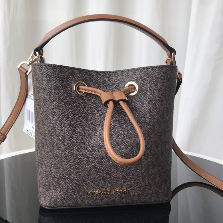 Michael Kors Suri Small Bucket Bag in Brown MK Signature with Tan Trim