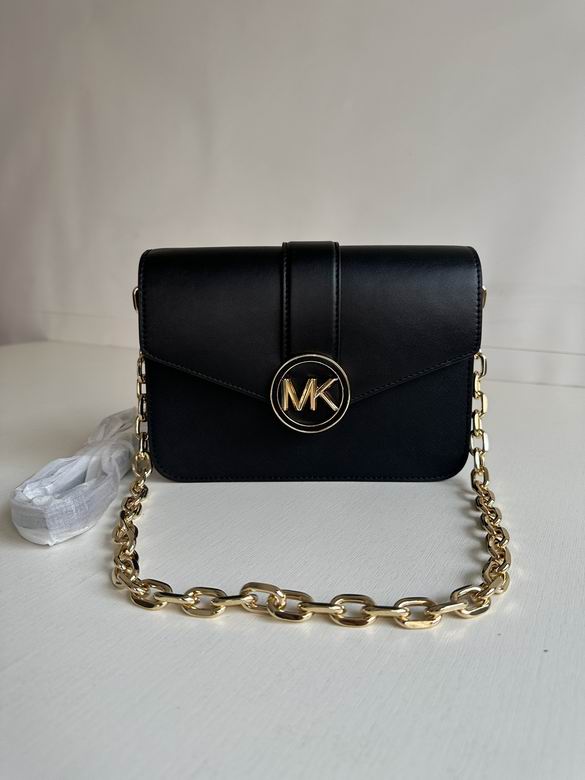 Michael Kors Carmen Medium Chain Shoulder Bag in Black Leather with Gold MK Logo