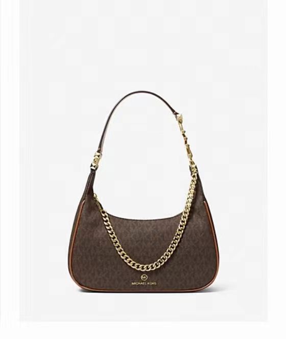 Michael Kors Piper Small Shoulder Bag in Brown Signature Logo with Gold Chain