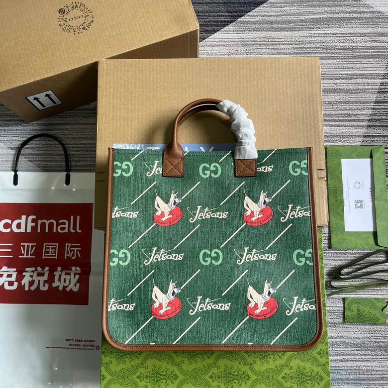 Gucci x The Jetsons Tote Bag in Green GG Print Canvas with Brown Leather