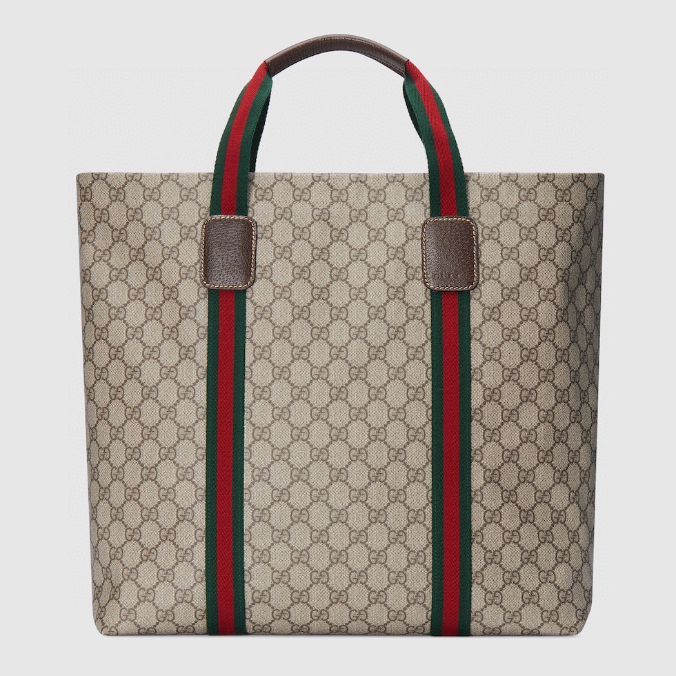 Gucci GG Supreme Tote Bag with Green and Red Web Stripe in Beige/Ebony