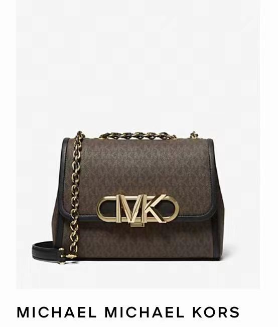 Michael Kors Parker Medium Shoulder Bag in Brown Signature Logo with Black Trim
