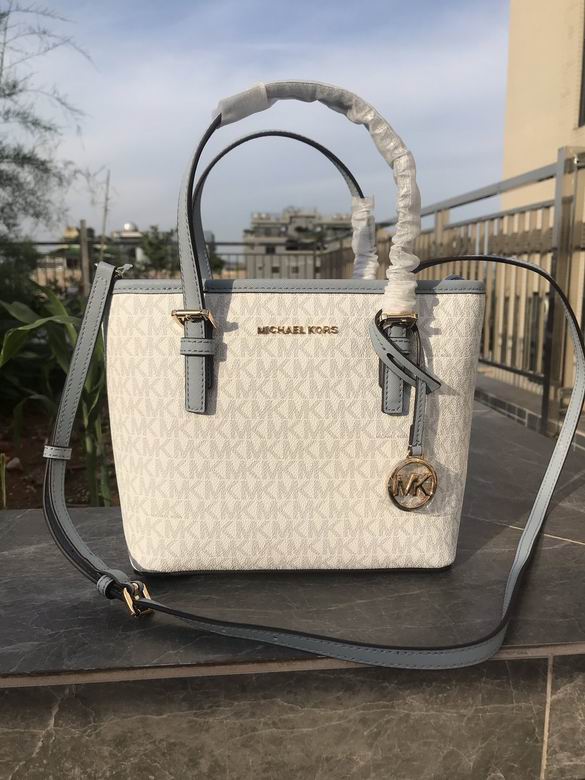 Michael Kors Jet Set Travel Small Tote Bag in White MK Logo Canvas, Light Blue Trim