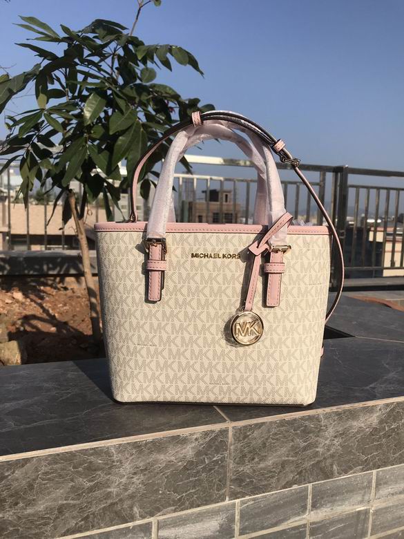 Michael Kors Jet Set Travel Small Tote in Vanilla MK Logo with Pink Trim