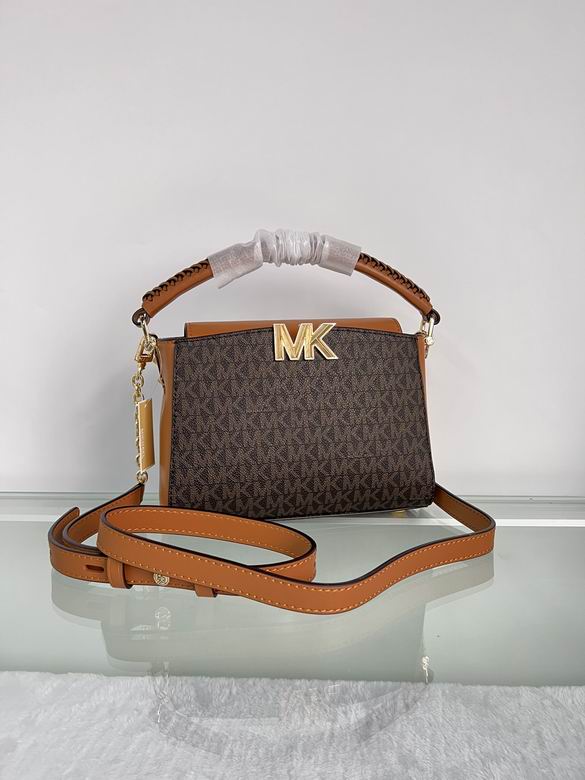 Michael Kors Karlie Small Top-Handle Bag in Brown MK Signature with Tan Trim