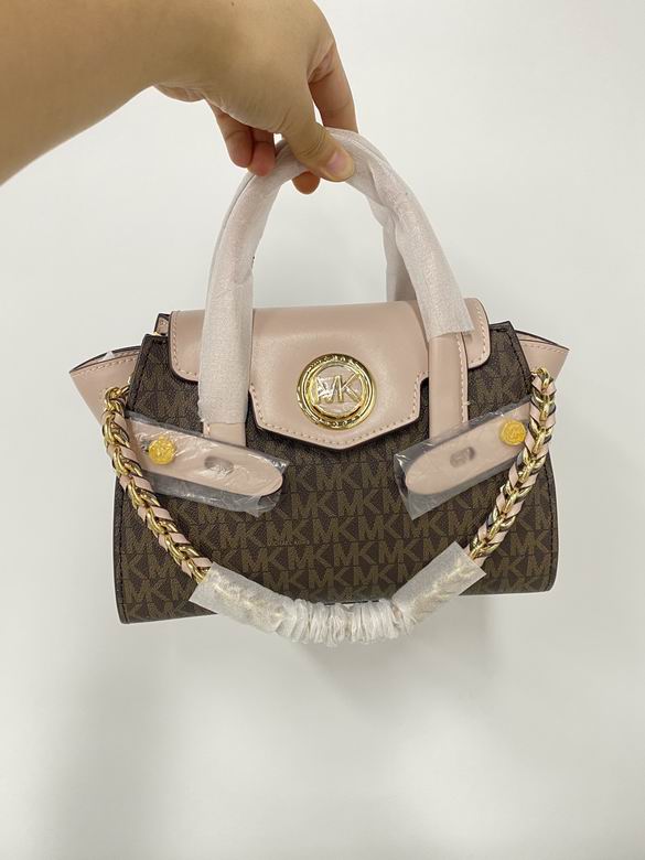 Michael Kors Carmen Small Flap Satchel in Brown Signature Logo with Blush Trim