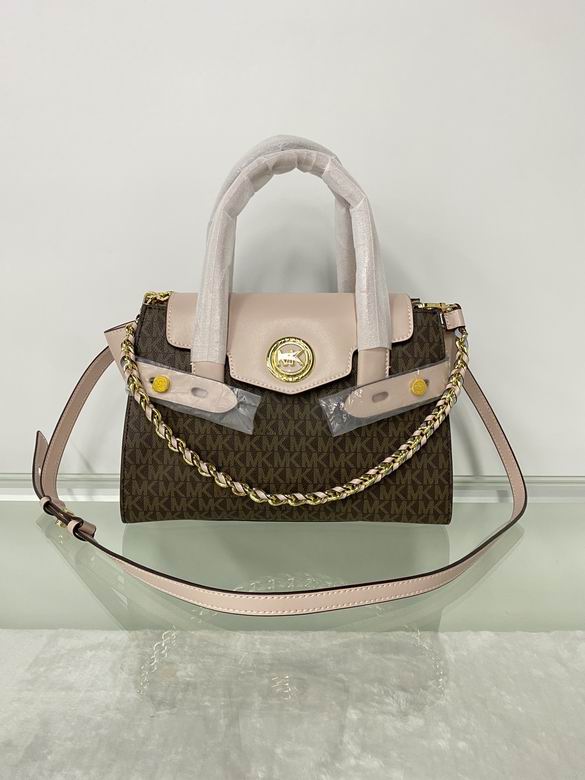 Michael Kors Carmen Small Satchel in Brown Logo Canvas with Blush Leather Trim