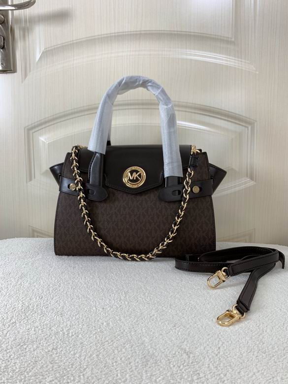 Michael Kors Carmen Small Flap Satchel in Brown MK Logo with Black Trim