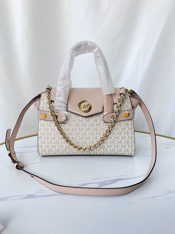 Michael Kors Carmen Small Satchel in Vanilla MK Logo Canvas with Blush Trim