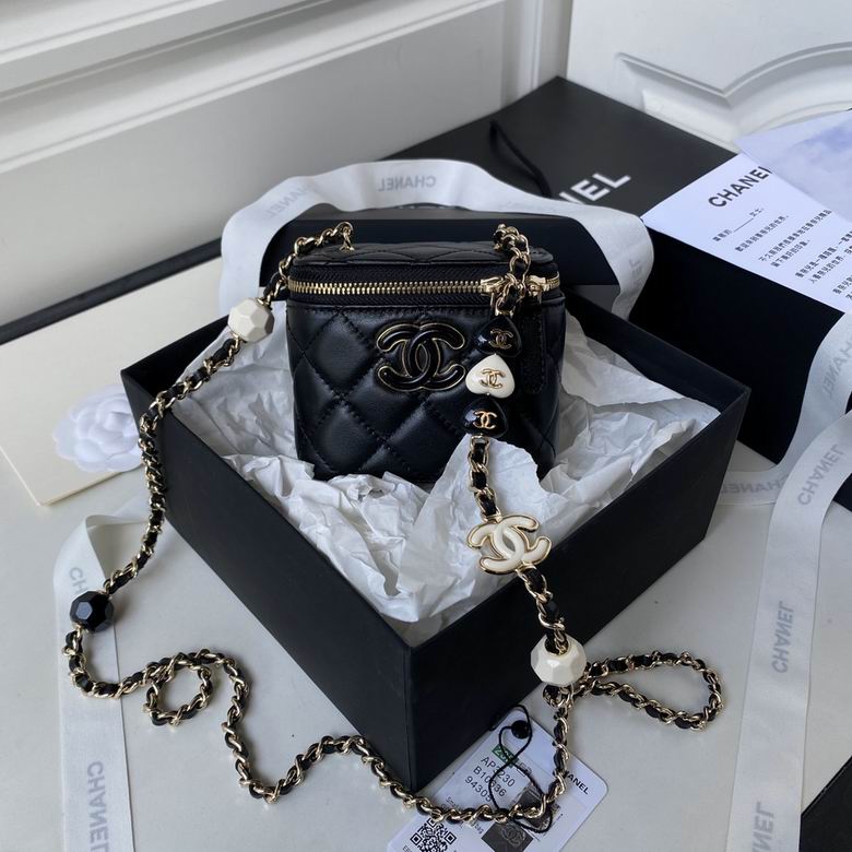 Chanel Mini Vanity Case with Chain in Black Quilted Lambskin, Heart Charms