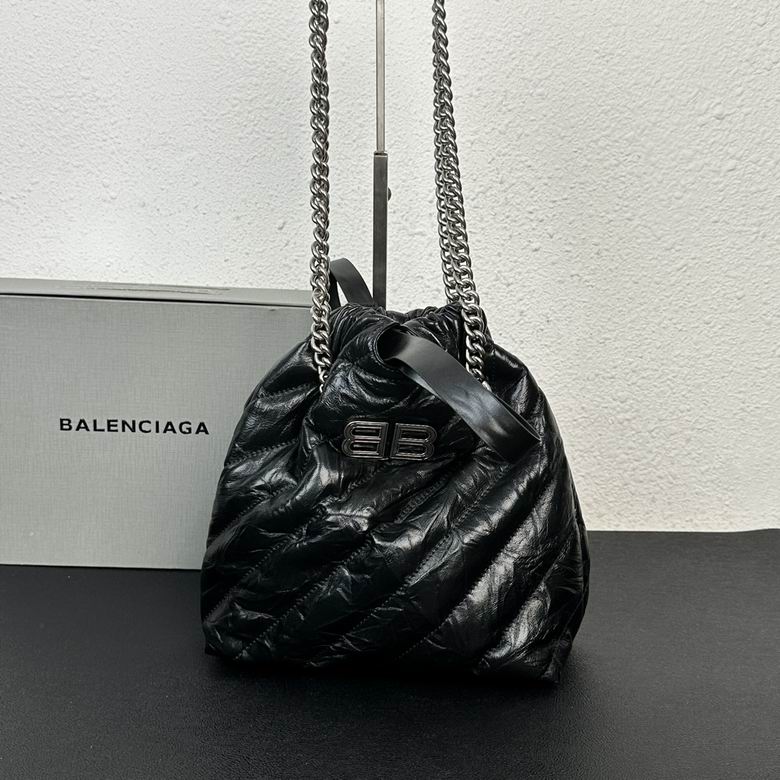 Balenciaga Crush Quilted Chain Bucket Bag in Black Crinkled Leather