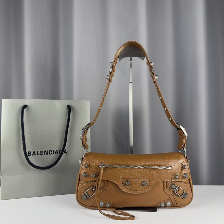 Balenciaga Le Cagole Shoulder Bag in Tan Crinkled Leather with Studs