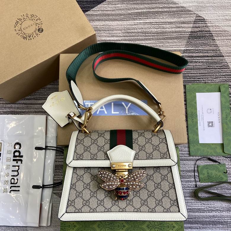 Gucci Queen Margaret Small Top-Handle Bag in GG Supreme Canvas with White Trim