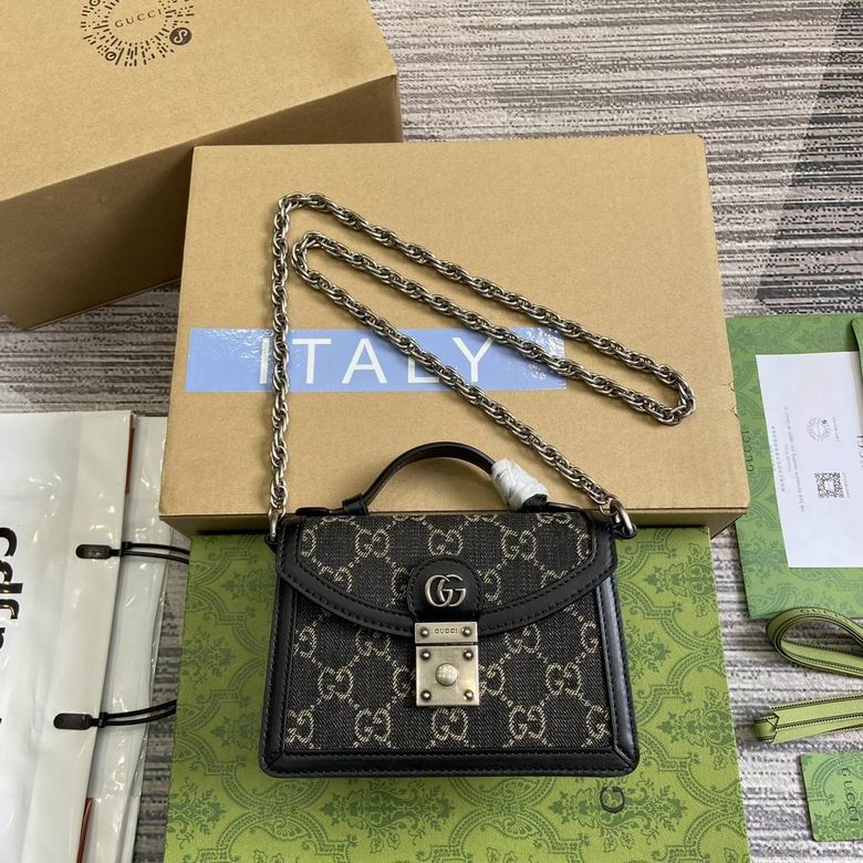 Gucci Ophidia Mini Top-Handle Bag in Black GG Denim with Chain Strap