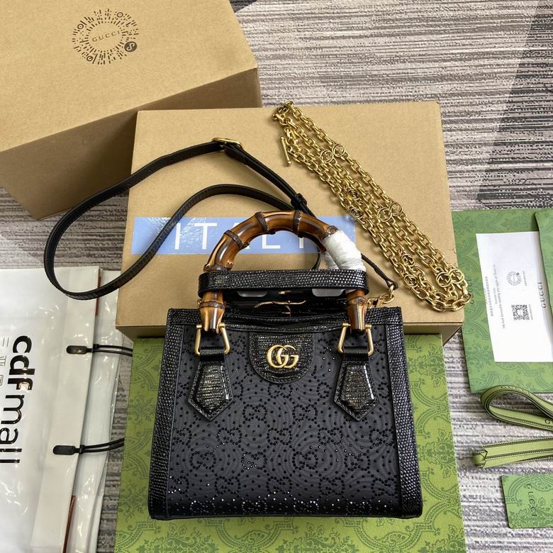 Gucci Diana Mini Tote Bag in Black Crystal GG Mesh with Bamboo Handles
