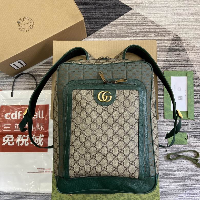 Gucci Ophidia Medium Backpack in GG Supreme Canvas with Green Leather Trim