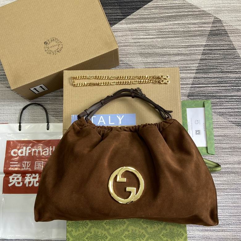 Gucci Blondie Large Shoulder Bag in Brown Suede with Interlocking G