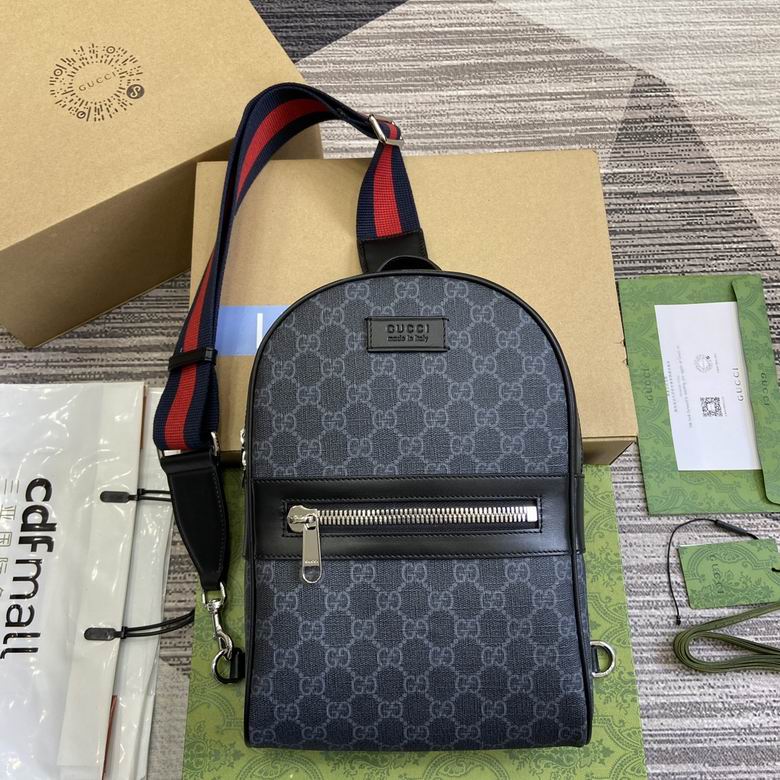 Gucci GG Sling Backpack in Black and Grey GG Supreme Canvas with Web Strap