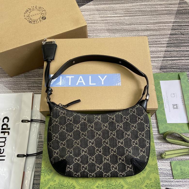 Gucci Moon Side Mini Shoulder Bag in Black GG Denim with Leather Trim