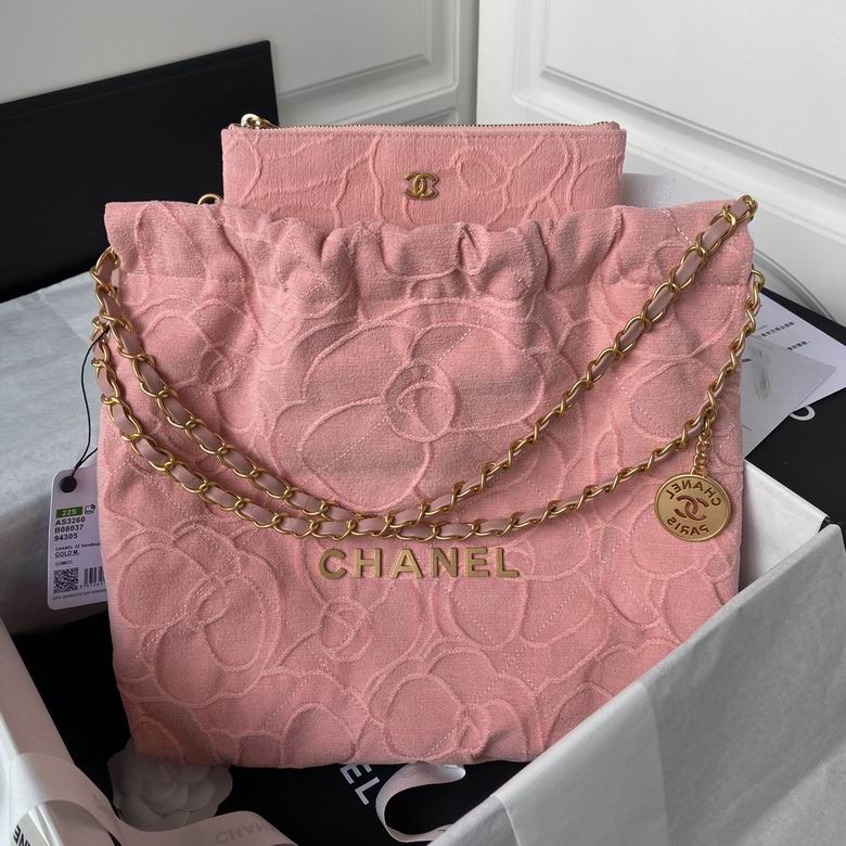 Chanel 22 Medium Drawstring Hobo Bag in Pink Camellia-Embossed Fabric