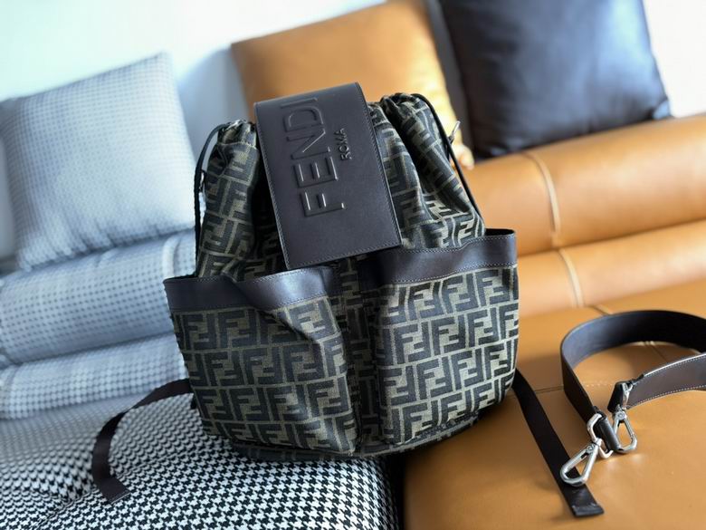 Fendi FF Jacquard Drawstring Backpack with Leather Flap in Brown