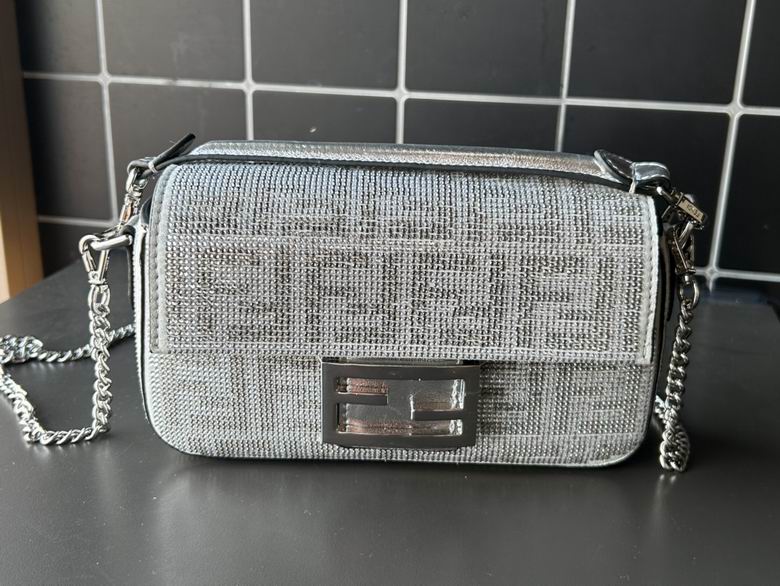 Fendi Baguette Mini Crystal-Embellished Shoulder Bag in Silver with Chain Strap