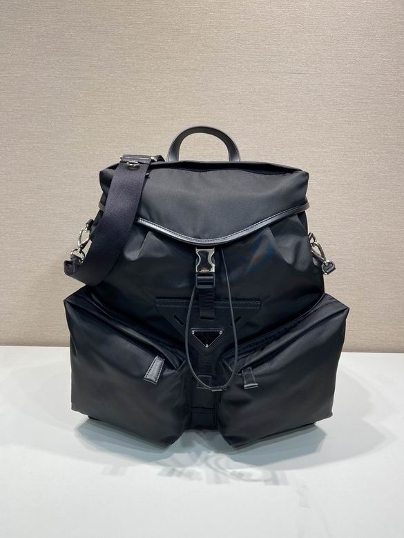 Prada Re-Nylon and Leather Backpack with Front Pockets in Black