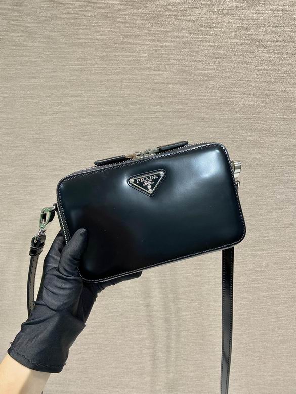 Prada Brique Crossbody Bag in Black Brushed Leather with Triangle Logo