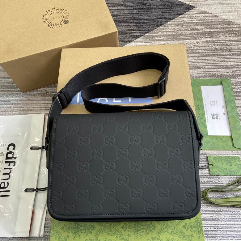 Gucci GG Embossed Small Messenger Bag in Black Rubberized Leather
