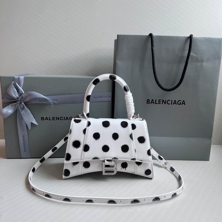 Balenciaga Hourglass Small Top-Handle Bag in White Leather with Black Polka Dots