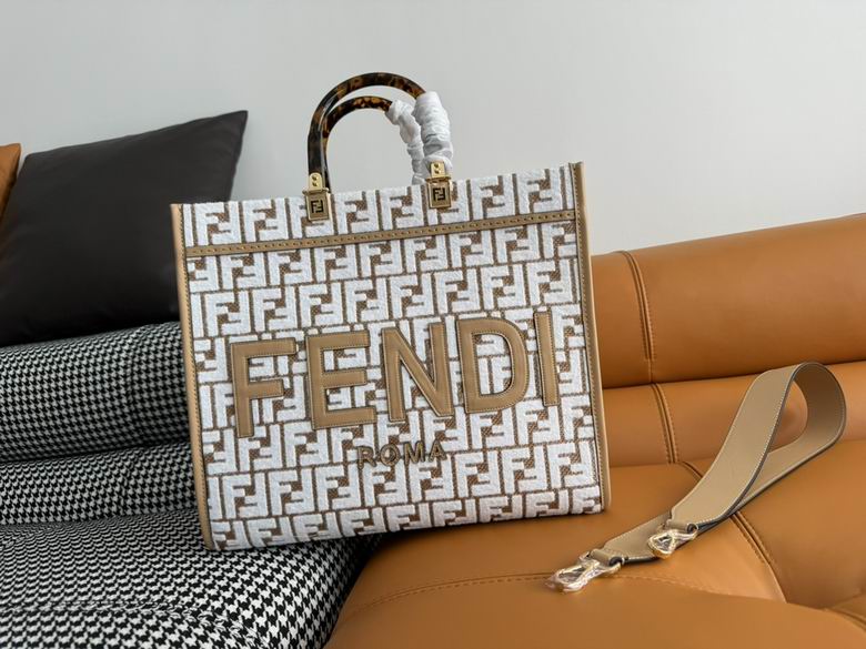 Fendi Sunshine Medium Shopper Tote in White and Tan FF Jacquard