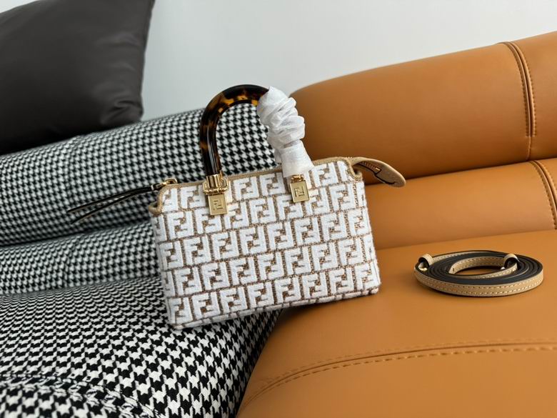 Fendi By The Way Mini Boston Bag in White and Beige FF Jacquard