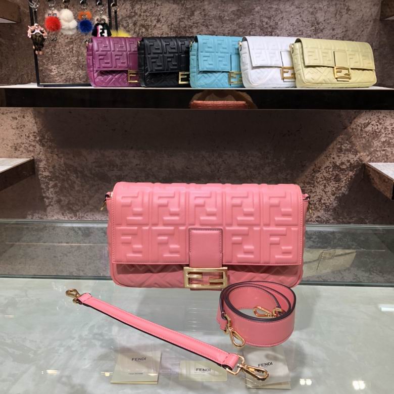 Fendi Baguette Large Shoulder Bag in Pink FF Embossed Leather